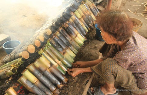 Sticky rice cooking in bamboo in Battambang